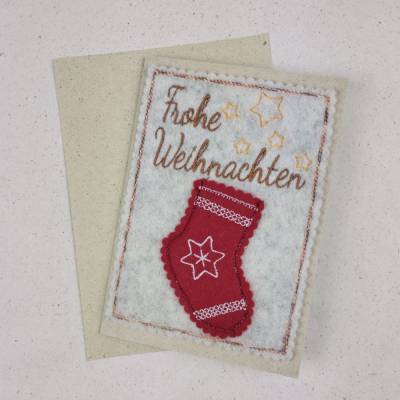 Wollfilz meets Graspapier - weihnachtliche Grußkarte mit Weihnachtssocke