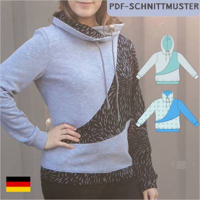 Schnittmuster „Lara“ – PDF eBook Hoodie mit Wellenmuster, Größen 34-50, inkl. Kapuze & Wickelkragen