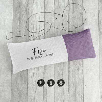 Geburtskissen mit Echtmaßen | Größe und Gewicht deines Babys | weiß/lila aus Musselin