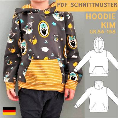Schnittmuster „Kim“ – Kinderhoodie mit Kapuze oder Kragen, Größen 86-158, PDF eBook