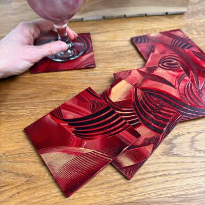 6 rote Untersetzer für Gläser. Die original Glasuntersetzer sind handgemalt und eine schöne Tischdeko.