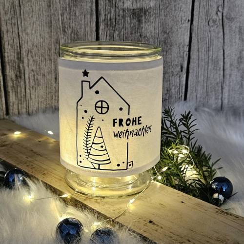 Windlicht I Laterne I Glas mit Banderole aus Stoff I Motiv Weihnachts Haus