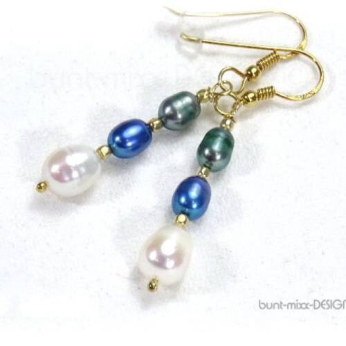 Ohrhänger Zuchtperlen weiss blau goldfarben, Silber vergoldet, by BuntMixxDESIGN ©