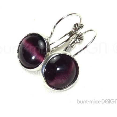 Ohrschmuck Cabochon cateye violett lila, silberfarben Klappbrisur, mit Etui Schachtel, Geschenk für sie, handmade BuntMi