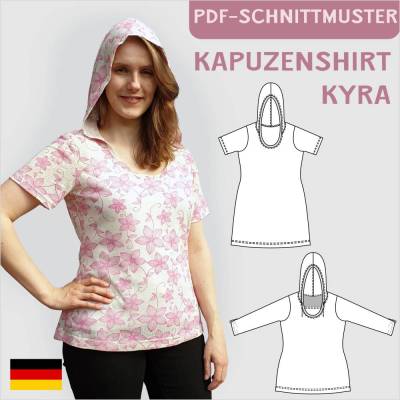 Schnittmuster „Kyra“ – Enges Shirt mit Kapuze und Längenvarianten, Größen 34-50, PDF-eBook (Deutsch)