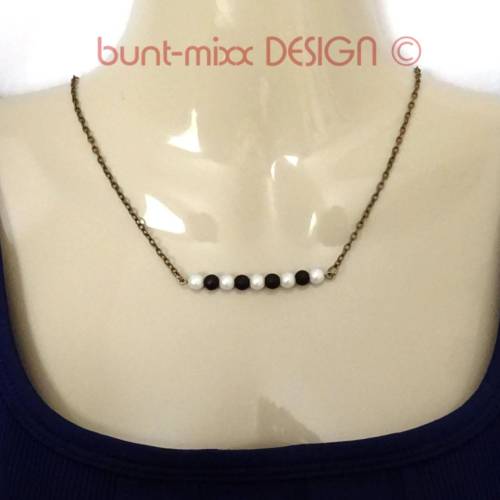 Kette bronzefarben mit Perlensteg, schwarz weiß, bar black and white, Glasperlen mattiert, vintage-look, by BuntMixxDESI