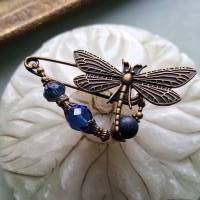 Schalnadel Libelle Lapislazuli im Jugendstil, Tuchnadel mit Perlen in Blau Dunkelblau N-7-AB-43 Bild 2