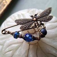 Schalnadel Libelle Lapislazuli im Jugendstil, Tuchnadel mit Perlen in Blau Dunkelblau N-7-AB-43 Bild 4