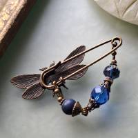 Schalnadel Libelle Lapislazuli im Jugendstil, Tuchnadel mit Perlen in Blau Dunkelblau N-7-AB-43 Bild 5