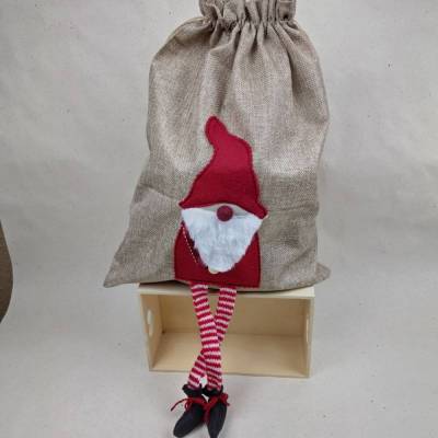 Jute-Geschenkbeutel mit Weihnachtswichtel – 30 cm x 40 cm - Geschenkverpackung