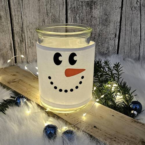Windlicht I Laterne I Glas mit Banderole aus Stoff I Motiv Schneemann
