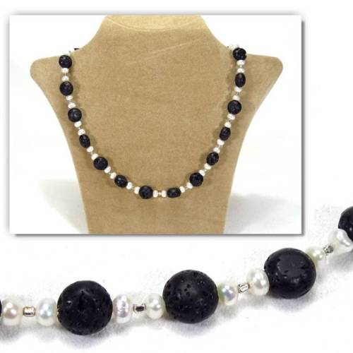 Kette Collier Unikat Lava Süßwasser Zuchtperlen, 925-Silber Sterlingsilber,OOAK, by BuntMixxDESIGN 