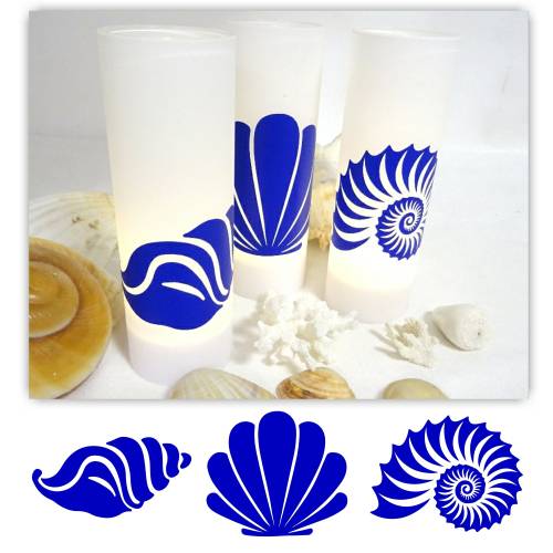 SET Windlicht Glas gefrosted, Motiv maritim Muschel Schnecke meerblau, Dekoration royalblau scandi Stil