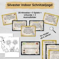 Silvester Indoor Schnitzeljagd Set für Kinder mit 20 Hinweisen, Urkunde, Spielen & Ausmalbildern Bild 1