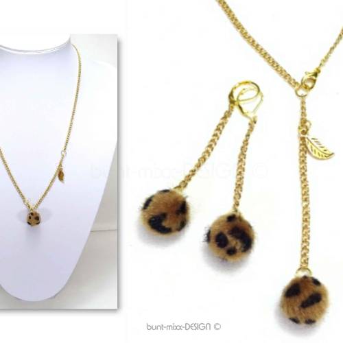 SET Y-Kette lang Ohrhänger Puschel fake fur Fellpuschel Bommel braun leo animalprint Blatt Anhänger goldfarben
