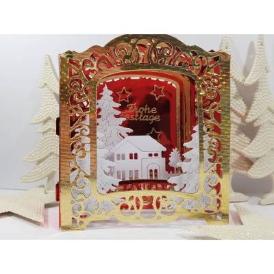 Weihnachtskarte Aufstellkarte rot gold glänzend Diorama dreidimensional