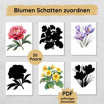 Blumen Schatten Zuordnungsspiel für Kinder zum Ausdrucken, Frühlingsblumen zuordnen Spiel