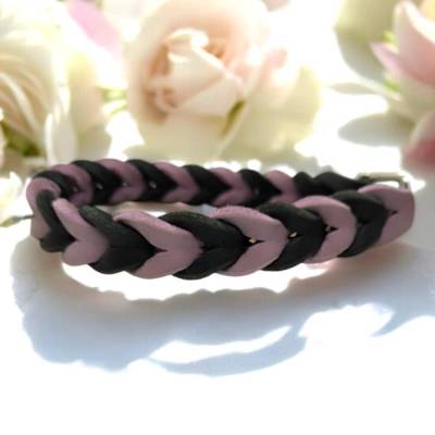 Hundehalsband aus Fettleder 2 farbig geflochten in schwarz flieder verstellbar HU ca. 35 - 39 cm