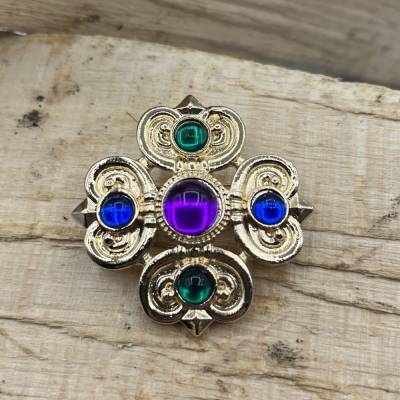 Historisierende Brosche Renaissance, gold mit farbigen Glassteinen