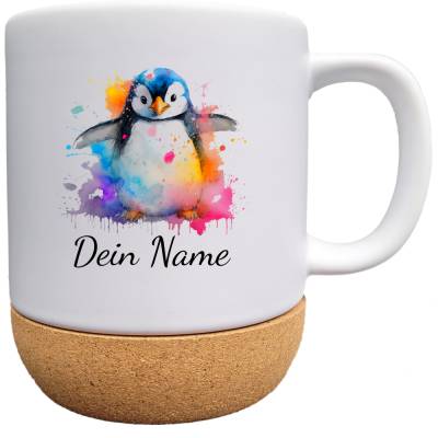 Tasse mit süßem Pinguin und Name personalisiert,  Keramik Becher mit Korkboden und Deckel