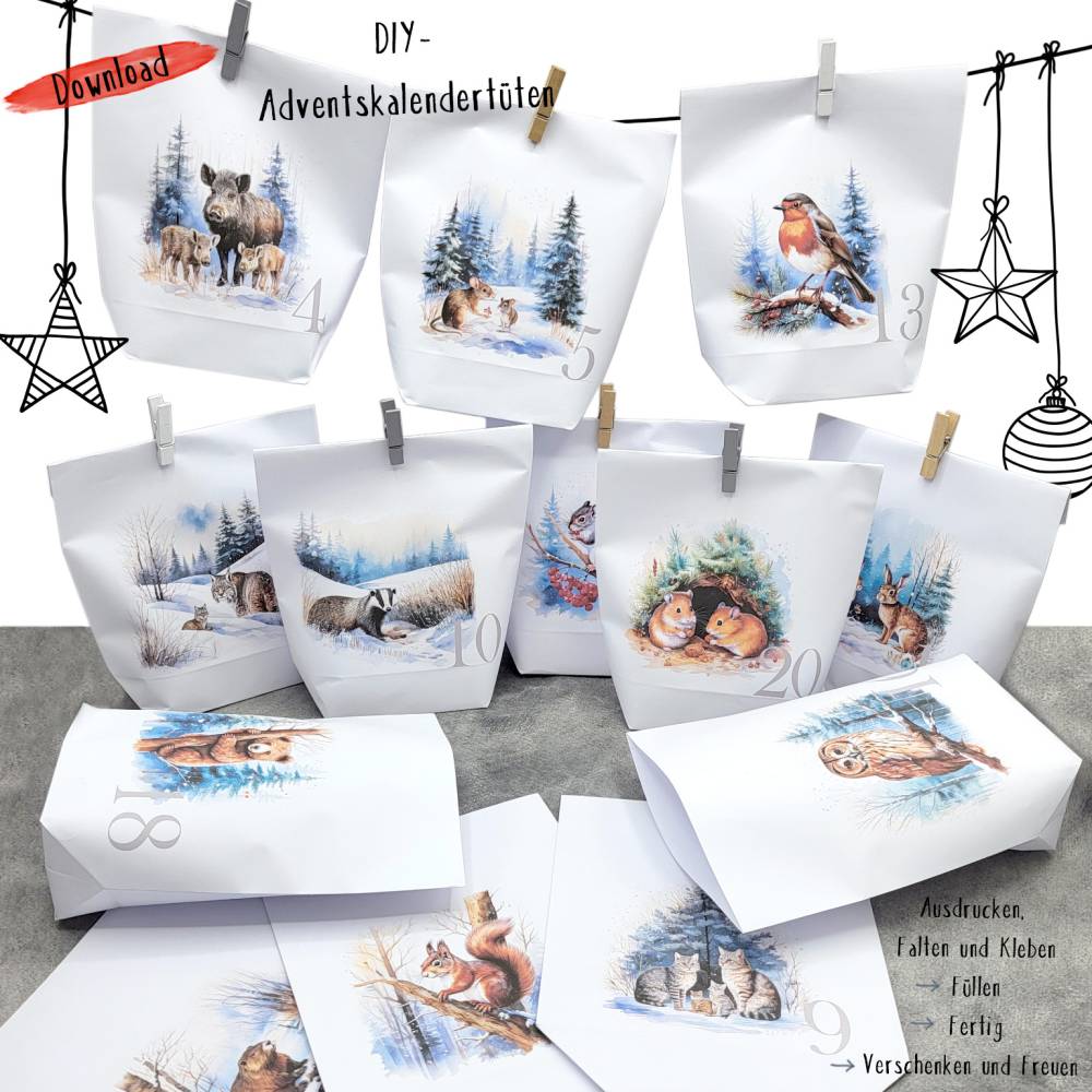 DIY Adventskalendertüten Waldtiere – PDF Download zum Basteln & Verpacken Bild 1