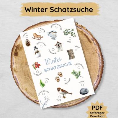 Winter Schatzsuche für Kinder zum Ausdrucken, Winter Suchspiel Druckvorlage PDF