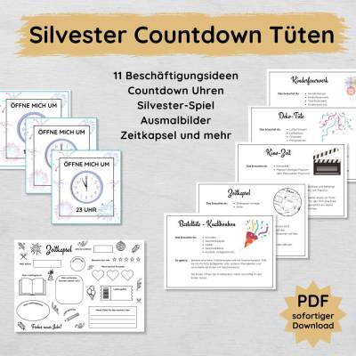 Silvester Countdown Tüten für Kinder zum Ausdrucken, Silvesterparty Beschäftigung Set