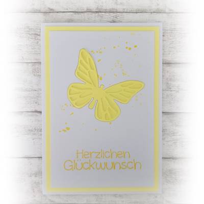 Glückwunschkarte "Herzlichen Glückwunsch" mit Schmetterling, in hellem gelb, Handmade