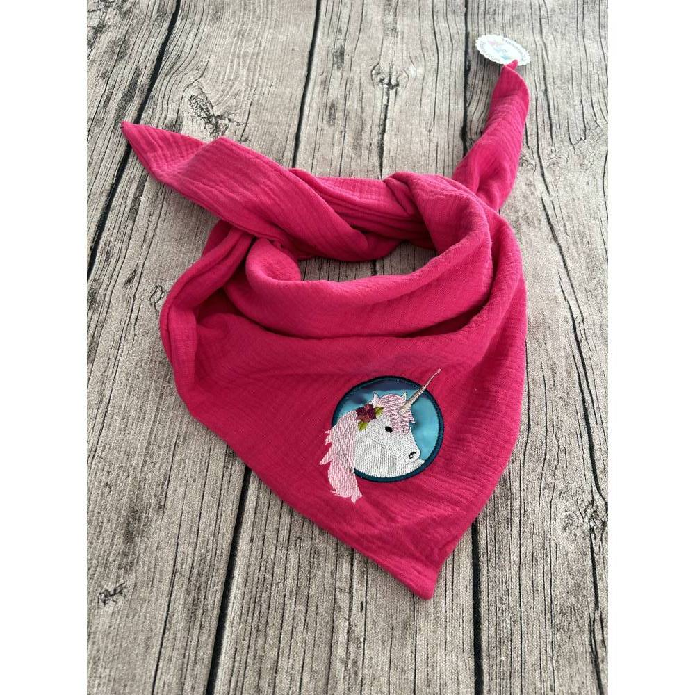 wunderschönes Dreieckstuch aus Musselin Einhorn Stickerei auf Pink