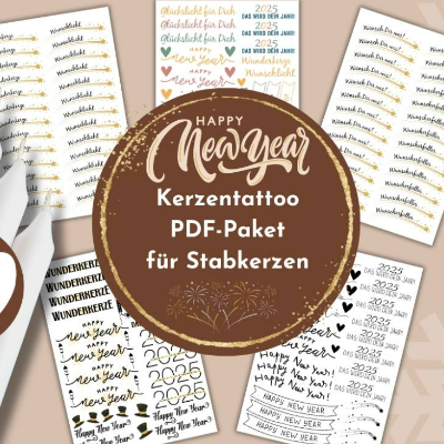 Silvester Kerzentattoo Bundle PDF | Kerzensticker happy new year 2025 | Vorlagen Stabkerzen | DIY Silvesterkerzen