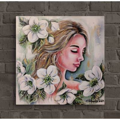 CHRISTROSENTRAUM - winterliches Blumenbild mit goldfarbigen Akzenten auf Leinwand von Christiane Schwarz