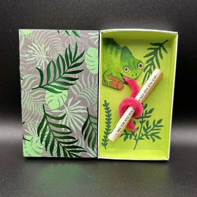 Witzige Verpackung für Geldgeschenk – Handgemaltes Chamäleon mit Schiebeschachtel