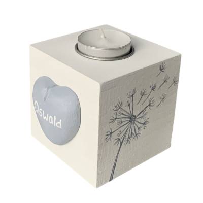 Individuell bemalter Kerzenwürfel Trauerlicht Pusteblume – Personalisierter Teelichthalter aus Holz