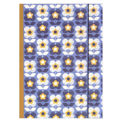 Sammelmappe Retroblumen in Weiß und Dunkelblau auf Blau, mit Gummizugverschluß, für DIN A4