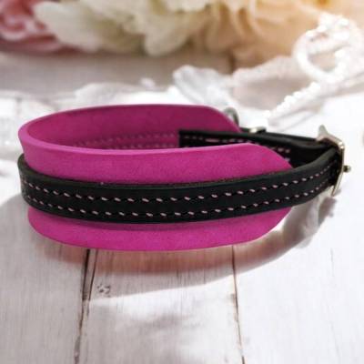 Hundehalsband aus Fettleder und Geschirrleder in pink und schwarz für eine Größe von  ca. 35 - 39 cm