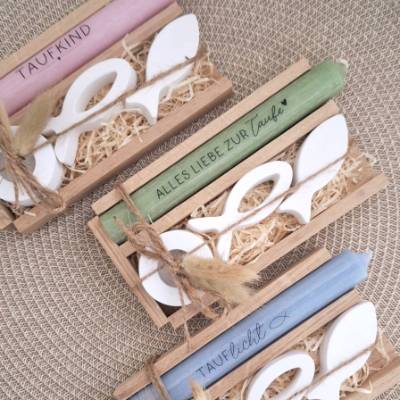 Taufe Taufgeschenk mit Fischen Kerzenhalter rund Geschenkset für Mädchen und Jungen Taufkerze zur heiligen Taufe