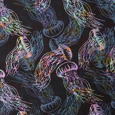 Batikstoff - Patchworkstoff mit leuchtenden Quallen auf schwarzen Hintergrund