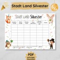 Stadt Land Silvester Spielvorlage für die ganze Familie, lustiges Partyspiel mit Kindern am Silvesterabend Bild 1