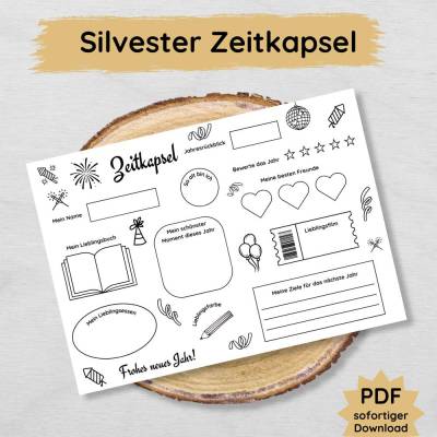 Silvester Zeitkapsel Jahresrückblick für Kinder Druckvorlage, Silvesterparty Beschäftigung
