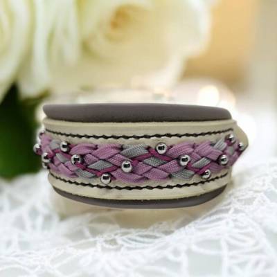 Hundehalsband Hochzeitshalsband aus weißem Blankleder mit Flechtung in rose HU ca. 28 - 31 cm