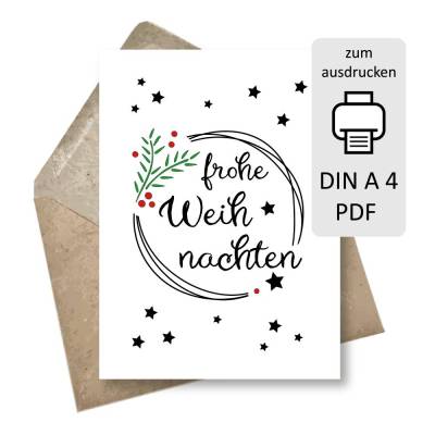 Weihnachtskarte zum Ausdrucken, frohe Weihnachten/Mistelzweig/Sternen, digitaler download