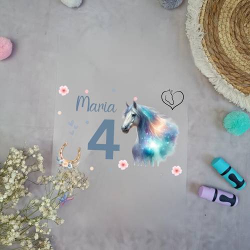 Bügelbild für Geburtstags T-shirt Galaxy Pferd  mit Namen Zahl