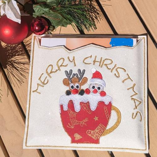 Schokohülle Tasse Weihnachtsmann und Rentier 20x20 cm