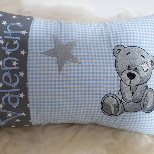 Kissen Bär Stern Punkte hellblau, graue Sterne & Wunschnamen W1048