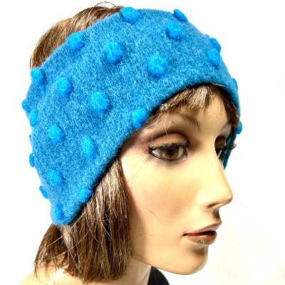 warmes und kuscheliges Stirnband aus blauem Wollwalk mit Punkten, kompl.gefüttert mit weichem Baumwoll-Jersey