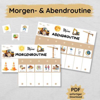 Baustelle Morgenroutine und Abendroutine Plan für Kinder, PDF Routineplan zum Ausdrucken