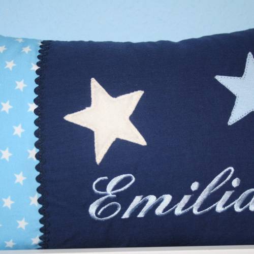 Kissen 2 Sterne hellblaue Sterne dunkelblau uni & Wunschnamen W1263