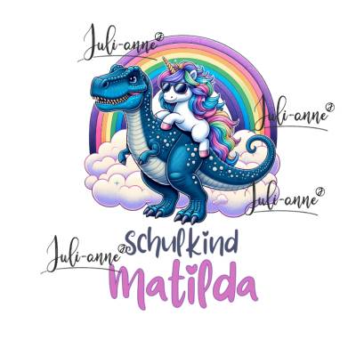 Bügelbild SCHULKIND cooles Einhorn auf T-Rex personalisiert Name