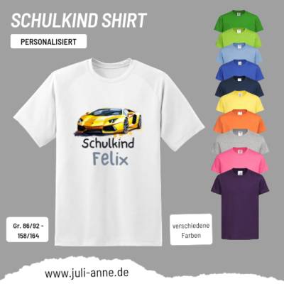 Personalisiertes Shirt SCHULKIND Name personalisiert T-Rex Rennauto Gelb
