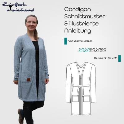Schnittmuster Damen Cardigan bis zum Knie Größe 32 - 62 mit optionalen Taschen & Gürtel